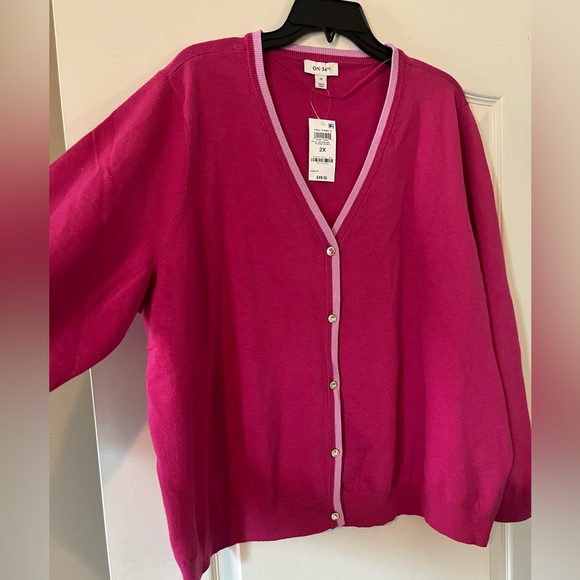 New! On 34th Fuchsia & Light Pink Lined Cardigan Sweater Crystal Buttons 2X - Picture 8 of 16